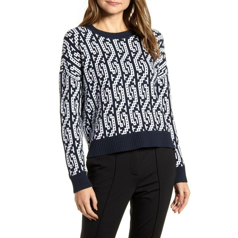 Tommy Hilfiger Womens Two Tone Cable Sweater Pullover Blue White S Small